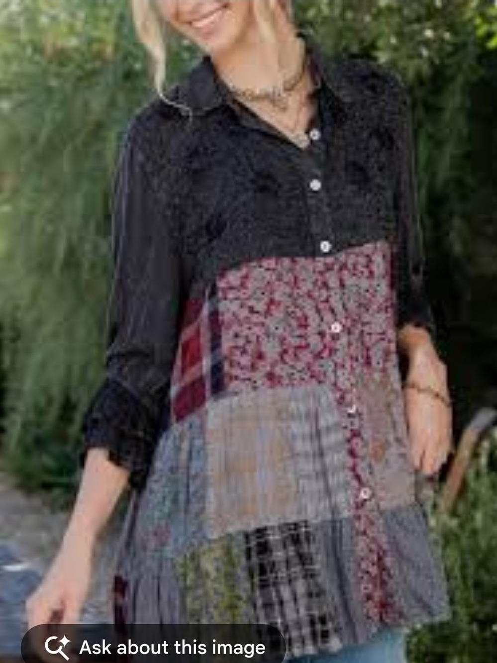 Patchwork Button-Front Tunic Top in Black and Multi Floral